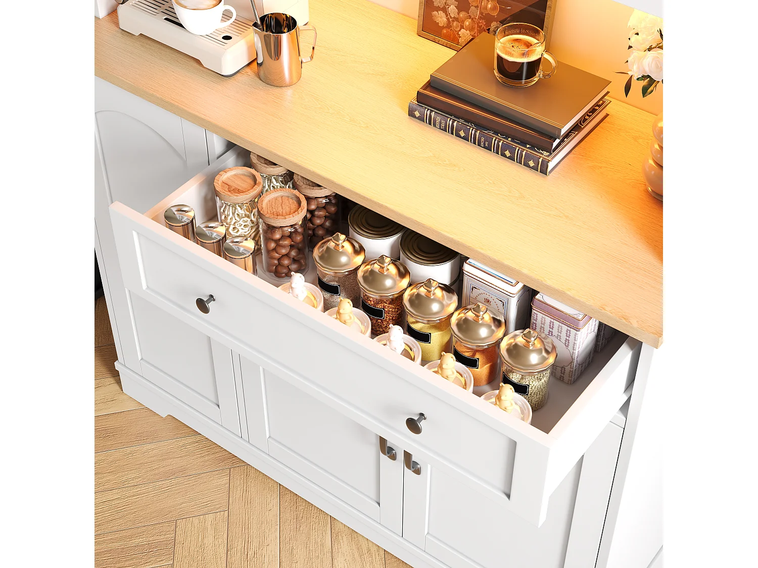 Buffet de cocina 100x38x178cm - con 5 puertas y 1 cajón - con iluminación LED - puerta de vidrio templado - Blanco