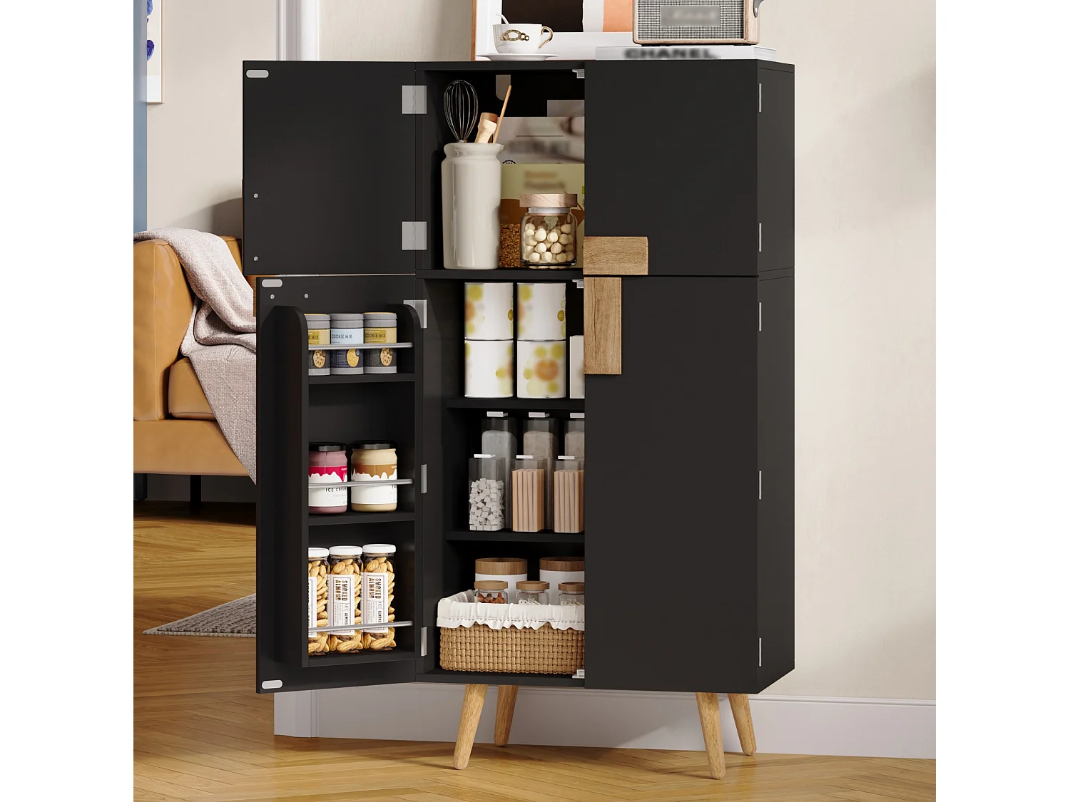 Buffetkast voor de keuken 60x35x120cm - met 4 deuren - opbergsteun voor deur en verstelbare binnenplanken - Zwart