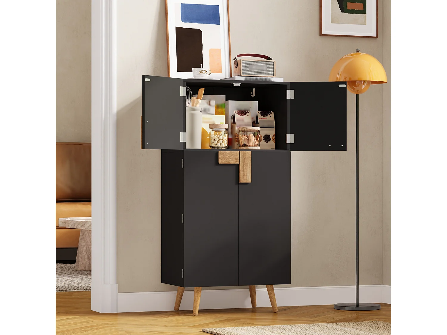 Buffetkast voor de keuken 60x35x120cm - met 4 deuren - opbergsteun voor deur en verstelbare binnenplanken - Zwart