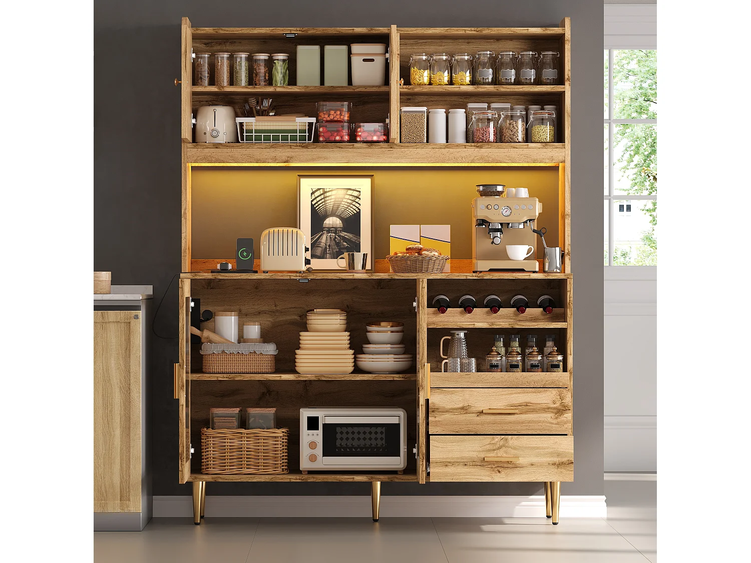 Buffet de cuisine 130x40x172cm - avec 4 portes - avec éclairage LED et prise de courant - casier à vin et tablette coulissante - Naturel