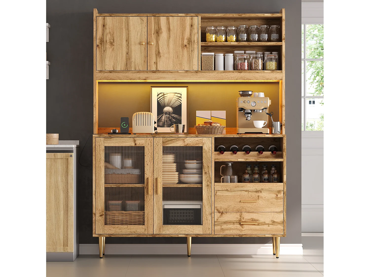 Buffet de cuisine 130x40x172cm - avec 4 portes - avec éclairage LED et prise de courant - casier à vin et tablette coulissante - Naturel