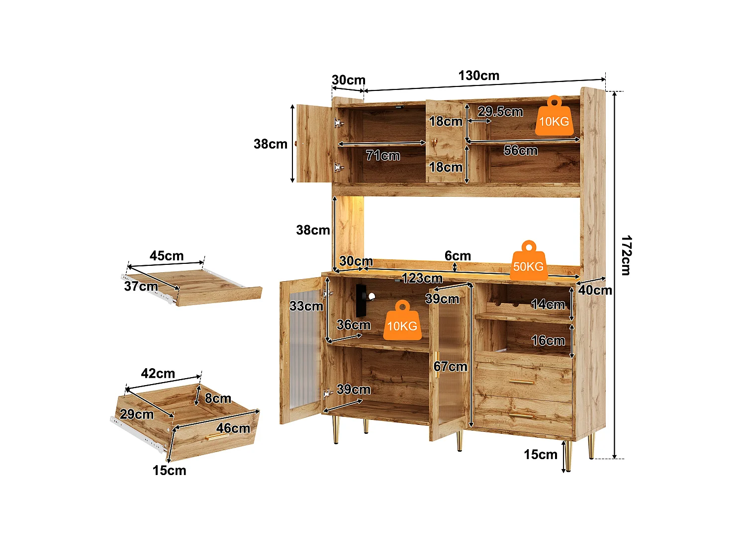 Buffet de cuisine 130x40x172cm - avec 4 portes - avec éclairage LED et prise de courant - casier à vin et tablette coulissante - Naturel