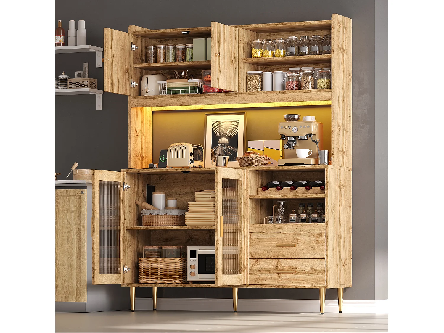Buffet de cuisine 130x40x172cm - avec 4 portes - avec éclairage LED et prise de courant - casier à vin et tablette coulissante - Naturel