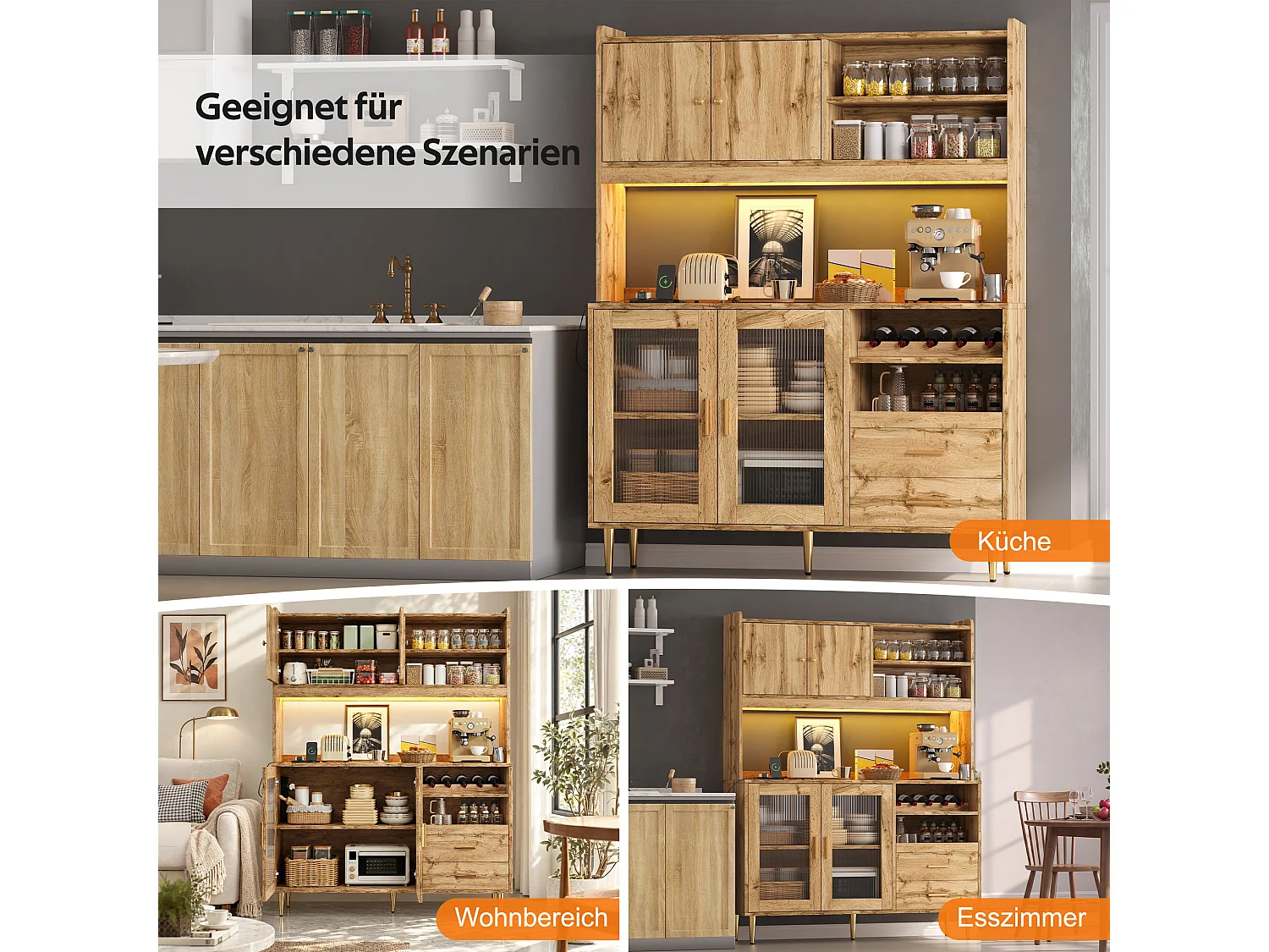 Buffet de cuisine 130x40x172cm - avec 4 portes - avec éclairage LED et prise de courant - casier à vin et tablette coulissante - Naturel