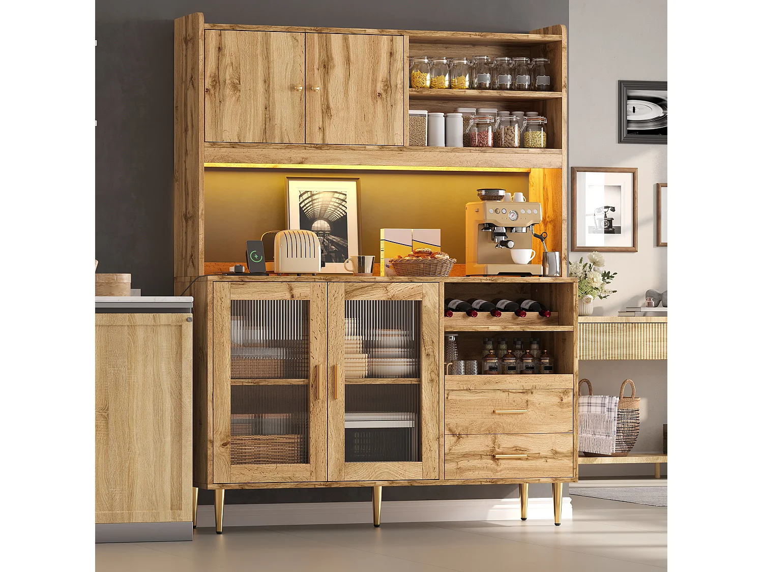 Buffet de cuisine 130x40x172cm - avec 4 portes - avec éclairage LED et prise de courant - casier à vin et tablette coulissante - Naturel