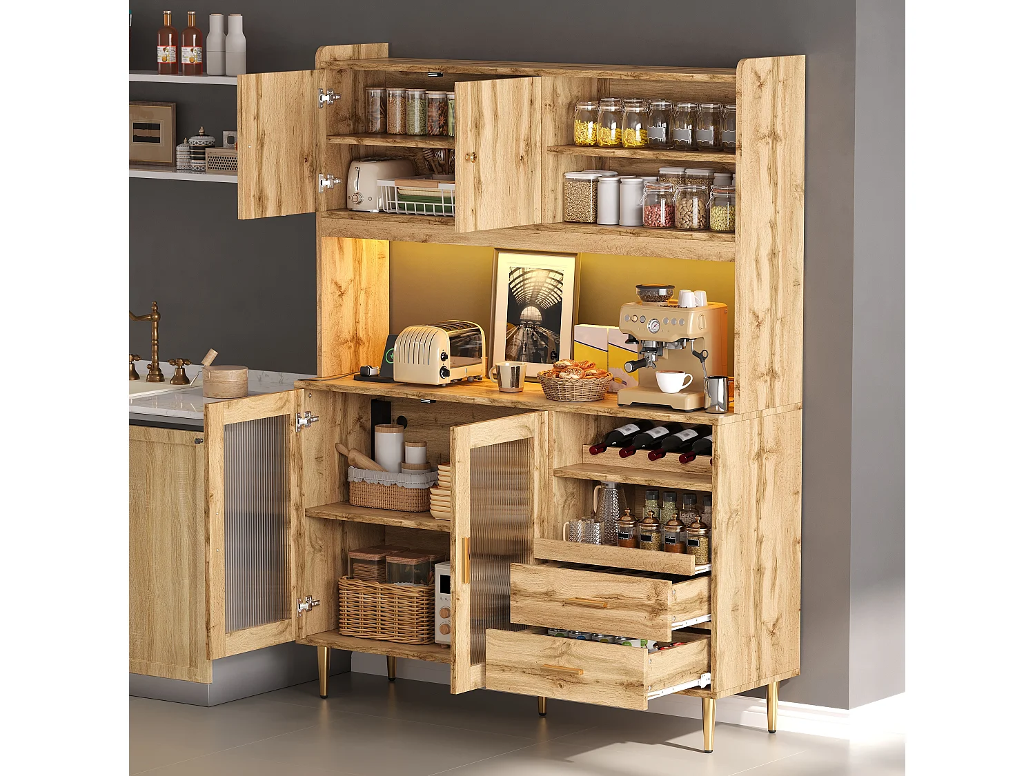 Buffet de cuisine 130x40x172cm - avec 4 portes - avec éclairage LED et prise de courant - casier à vin et tablette coulissante - Naturel