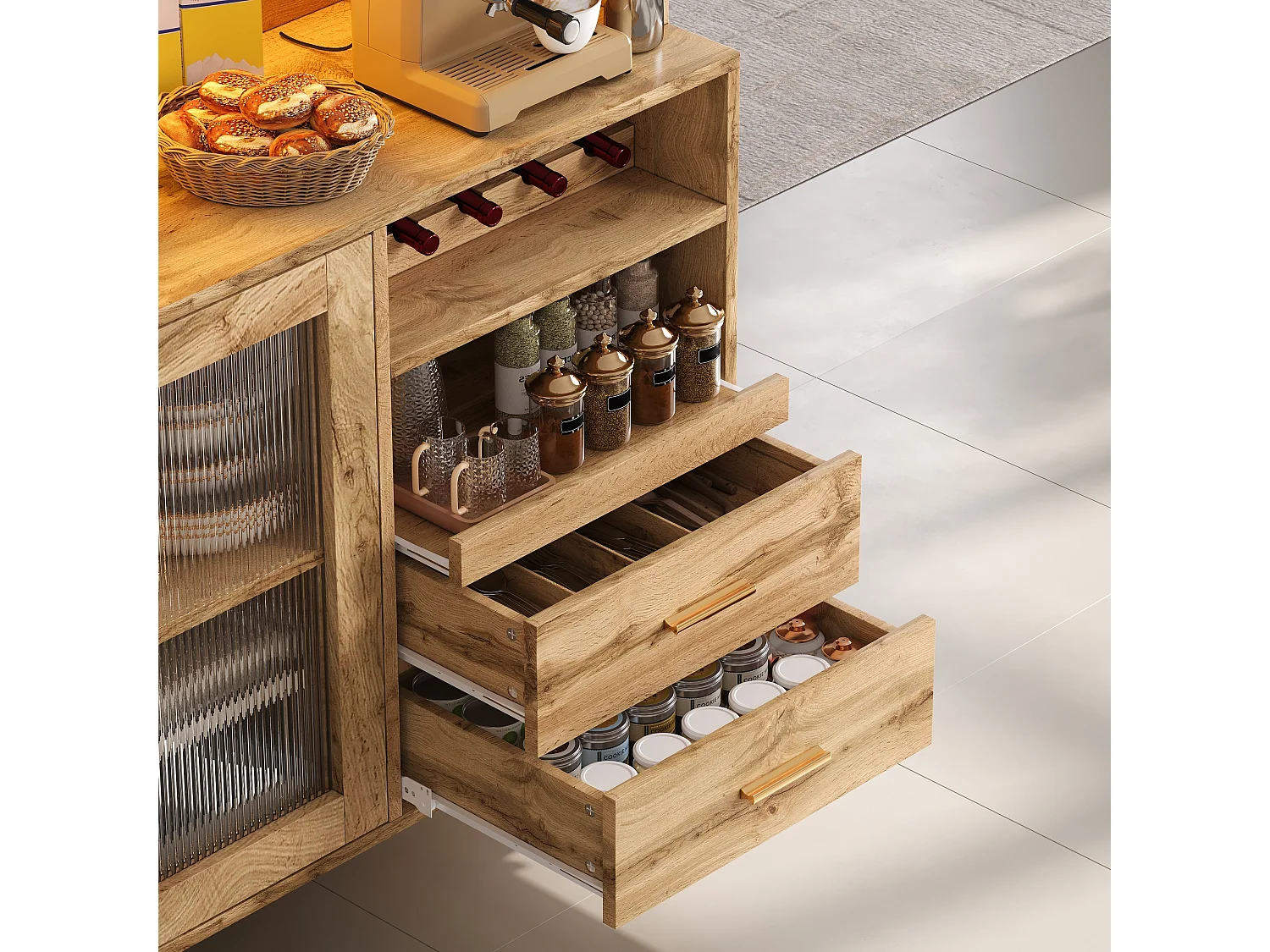 Buffet de cuisine 130x40x172cm - avec 4 portes - avec éclairage LED et prise de courant - casier à vin et tablette coulissante - Naturel