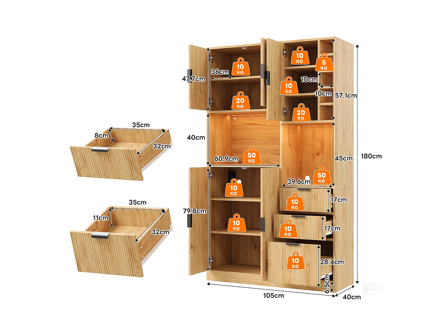 Modern kitchen sideboard 105x40x180cm - with LED lighting and power outlet - with 3 drawers and a wine rack - Natural color