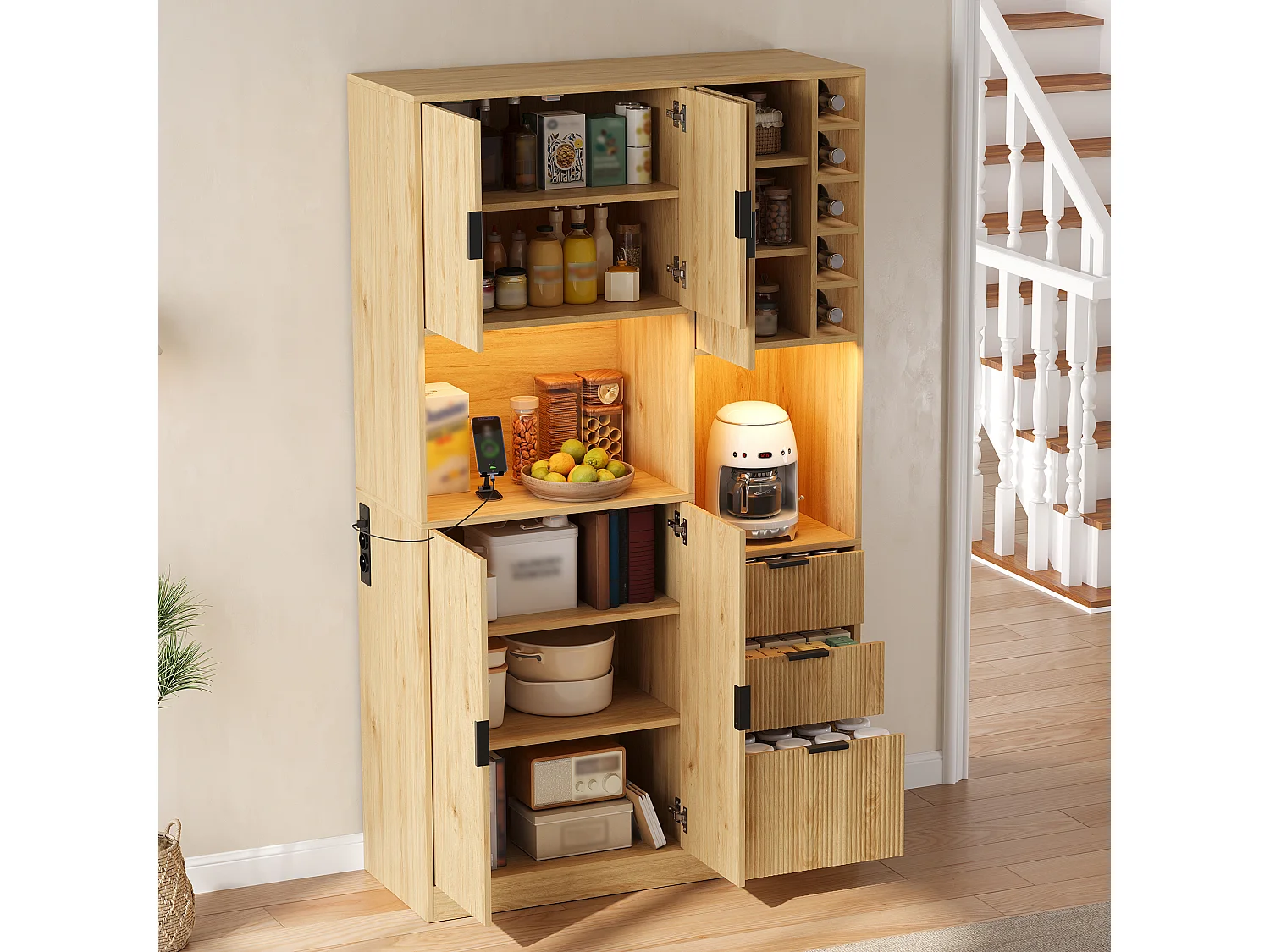 Modern kitchen sideboard 105x40x180cm - with LED lighting and power outlet - with 3 drawers and a wine rack - Natural color