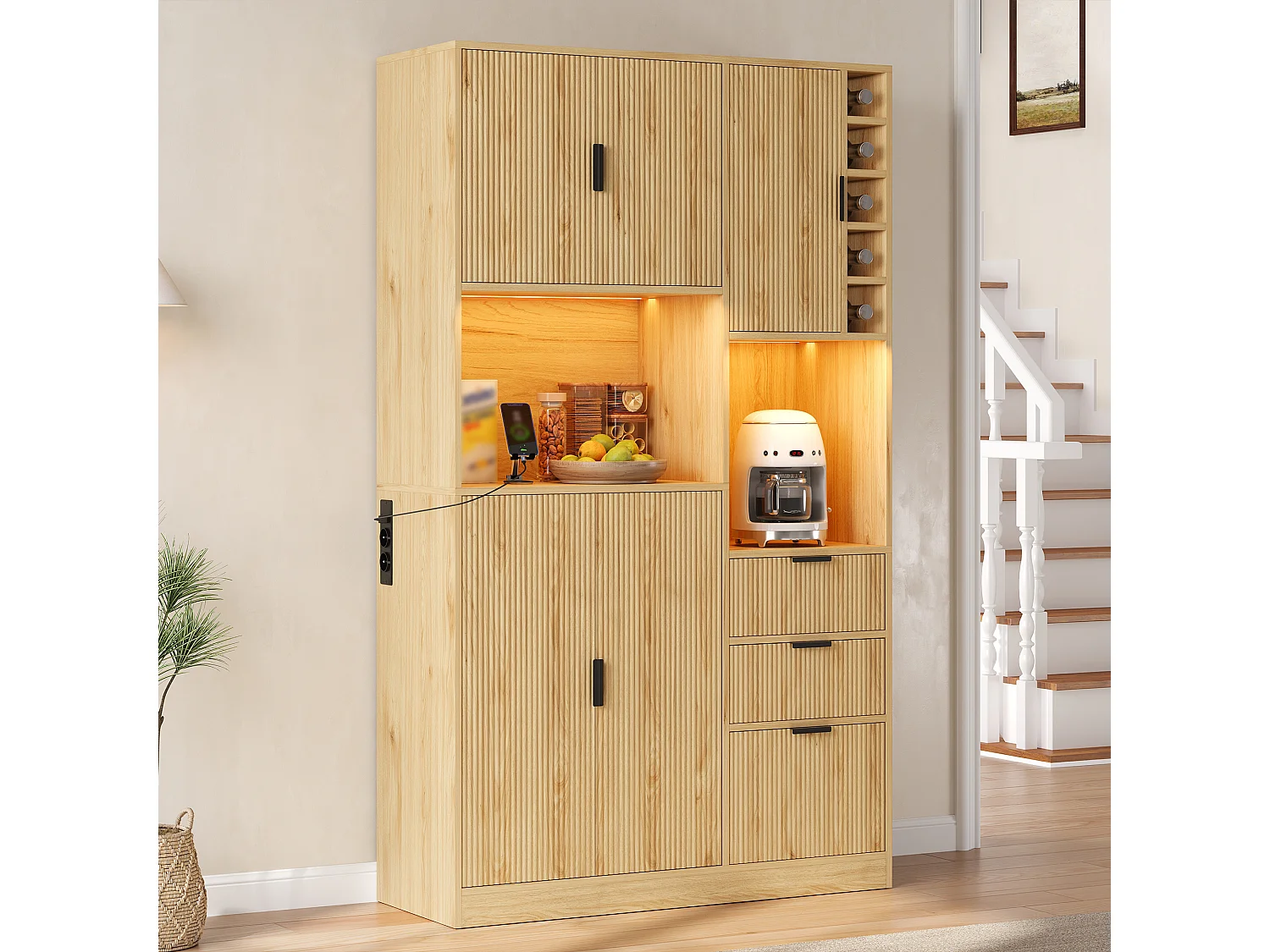 Modern kitchen sideboard 105x40x180cm - with LED lighting and power outlet - with 3 drawers and a wine rack - Natural color