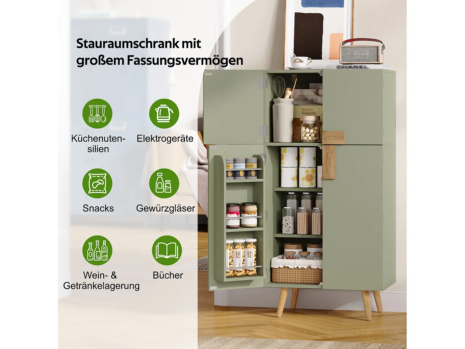 Küchenbuffet 60x35x120cm - mit 4 Türen - Türhalterung und verstellbare Innenregale - Grün