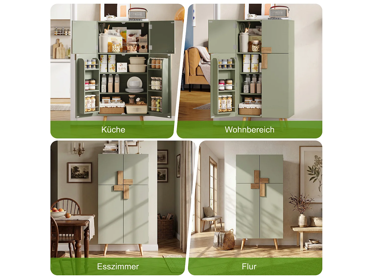 Küchenbuffet 60x35x120cm - mit 4 Türen - Türhalterung und verstellbare Innenregale - Grün