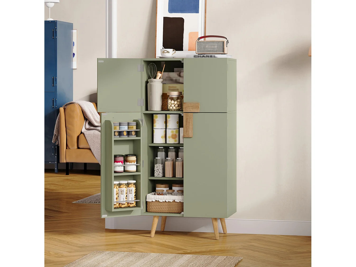 Küchenbuffet 60x35x120cm - mit 4 Türen - Türhalterung und verstellbare Innenregale - Grün