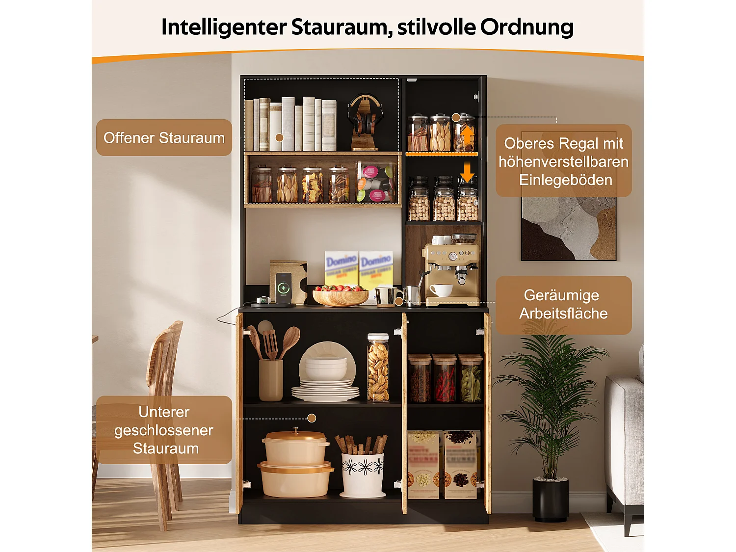 Køkkenskab 100x40x180cm - med LED-belysning - med stikkontakt - med justerbare hylder - Natur + Sort