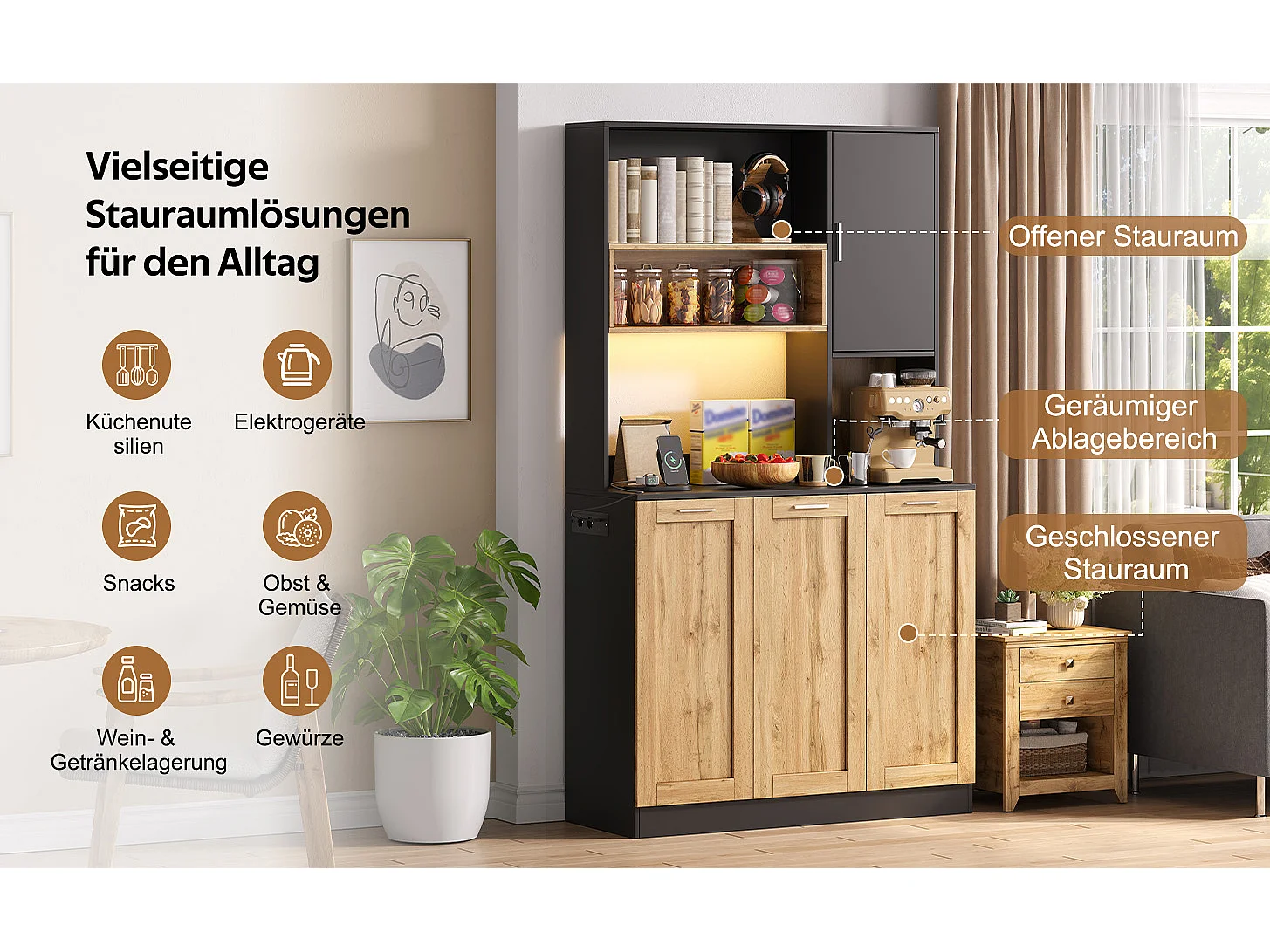 Køkkenskab 100x40x180cm - med LED-belysning - med stikkontakt - med justerbare hylder - Natur + Sort