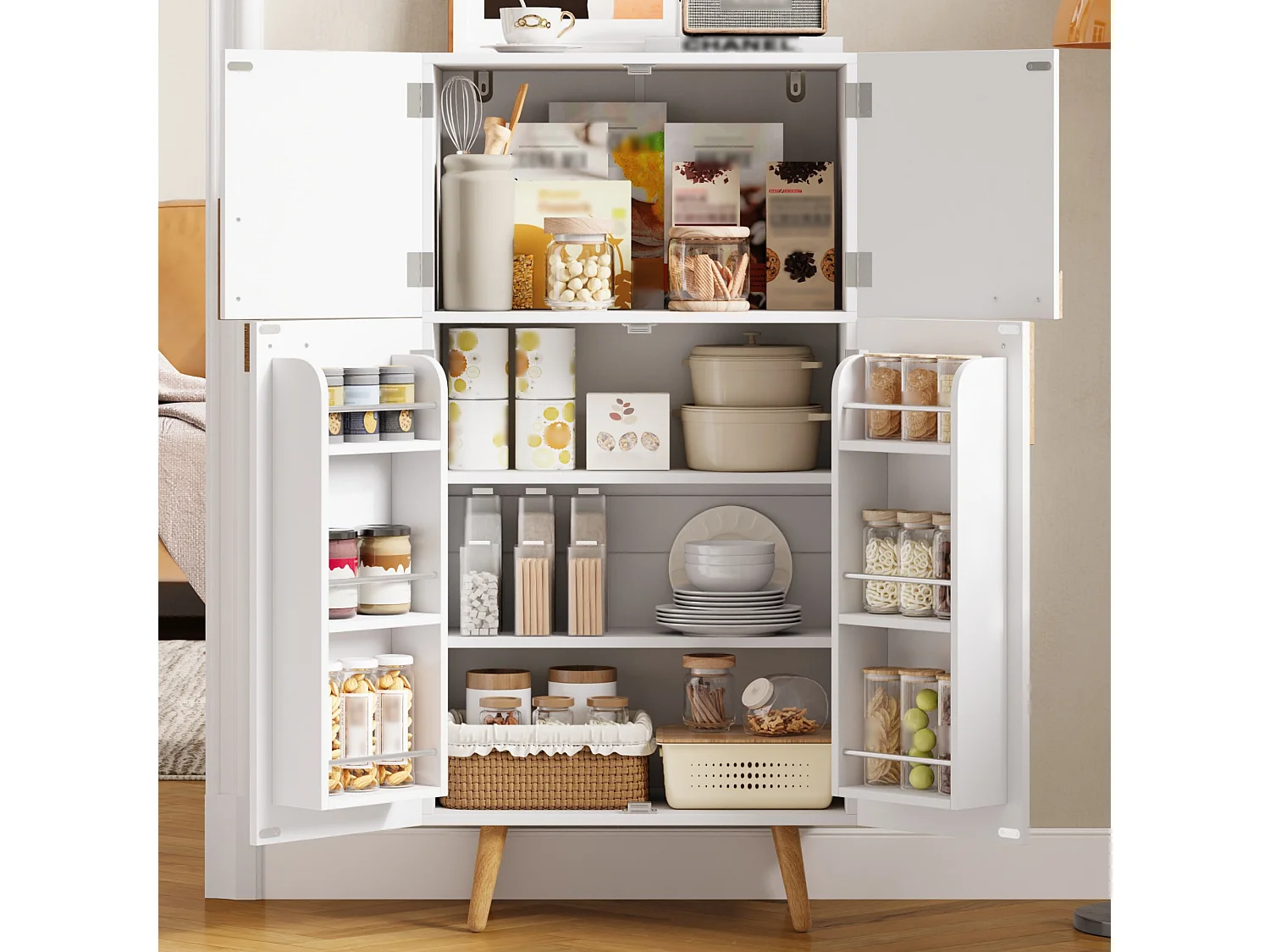 Küchenbuffet 60x35x120cm - mit 4 Türen - Aufbewahrungshalter für Tür und verstellbare Innenregale - Weiß