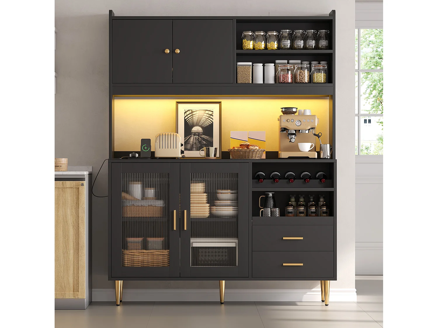 Buffet de cuisine 130x40x172cm - avec 4 portes - avec éclairage LED et prise de courant - casier à vin et tablette coulissante - Noir
