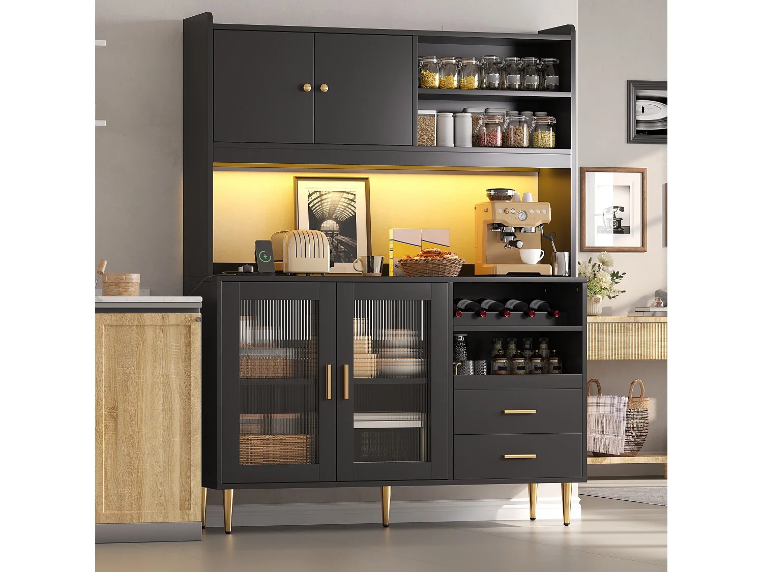 Buffet de cuisine 130x40x172cm - avec 4 portes - avec éclairage LED et prise de courant - casier à vin et tablette coulissante - Noir