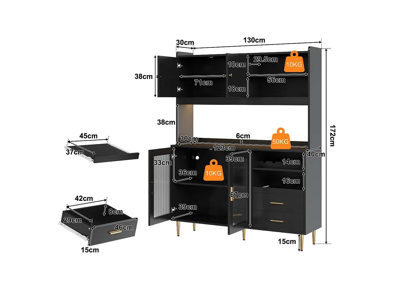 Buffet de cuisine 130x40x172cm - avec 4 portes - avec éclairage LED et prise de courant - casier à vin et tablette coulissante - Noir