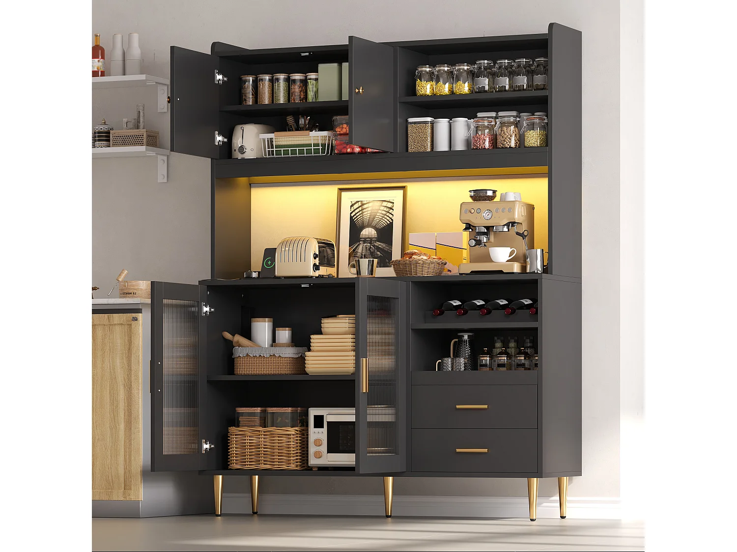 Buffet de cuisine 130x40x172cm - avec 4 portes - avec éclairage LED et prise de courant - casier à vin et tablette coulissante - Noir