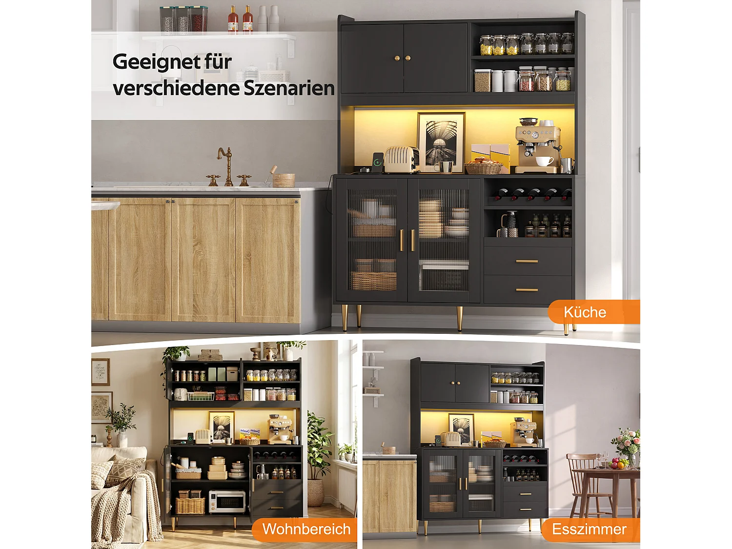 Buffet de cuisine 130x40x172cm - avec 4 portes - avec éclairage LED et prise de courant - casier à vin et tablette coulissante - Noir