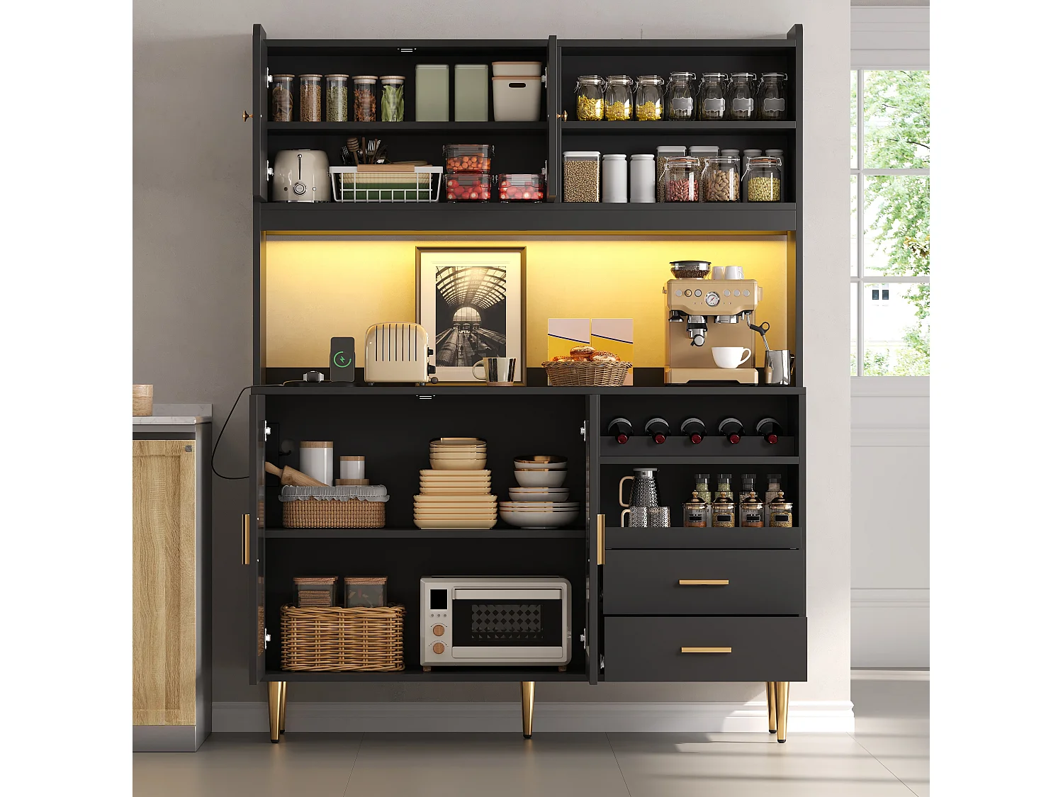 Buffet de cuisine 130x40x172cm - avec 4 portes - avec éclairage LED et prise de courant - casier à vin et tablette coulissante - Noir