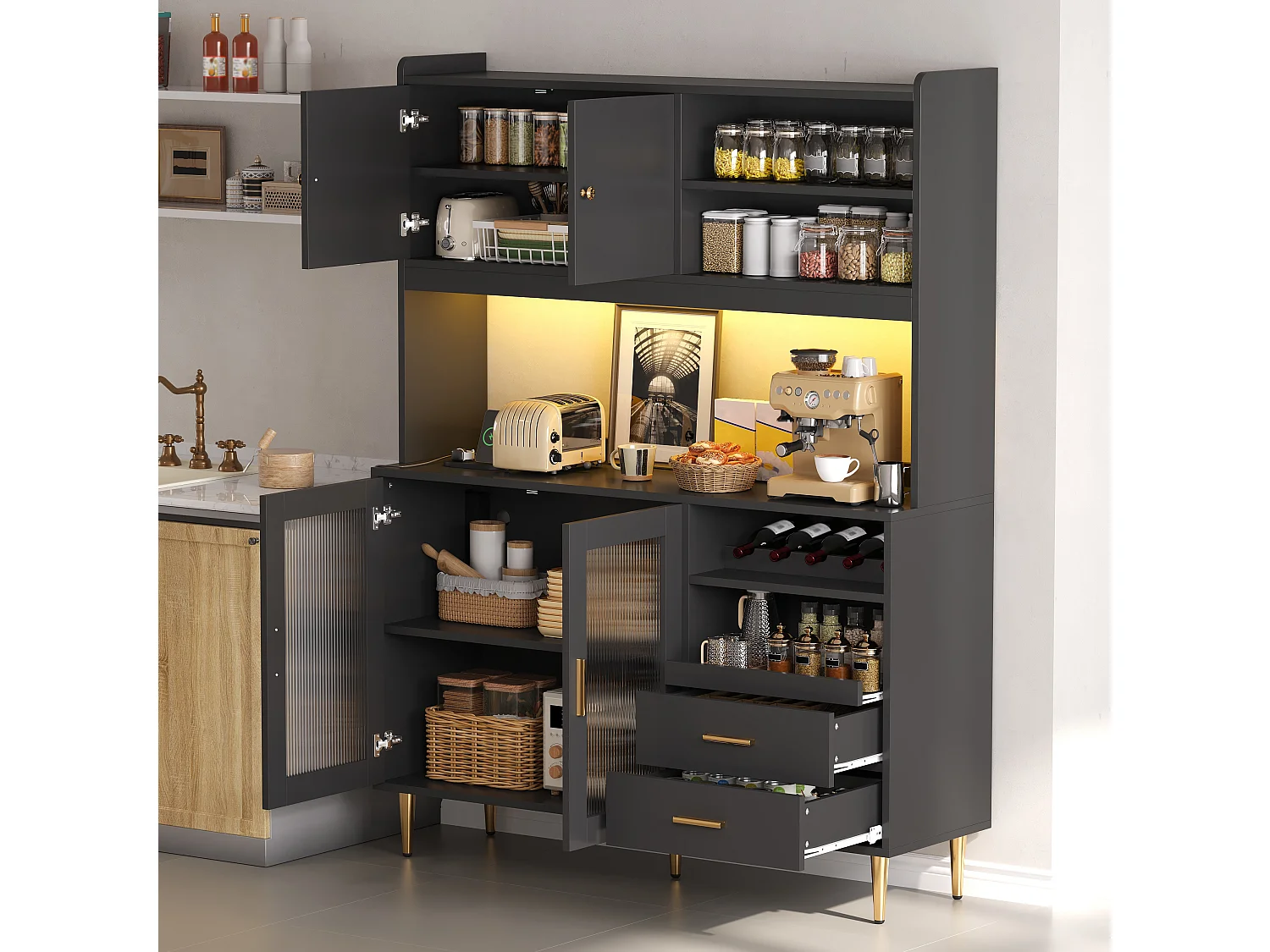 Buffet de cuisine 130x40x172cm - avec 4 portes - avec éclairage LED et prise de courant - casier à vin et tablette coulissante - Noir