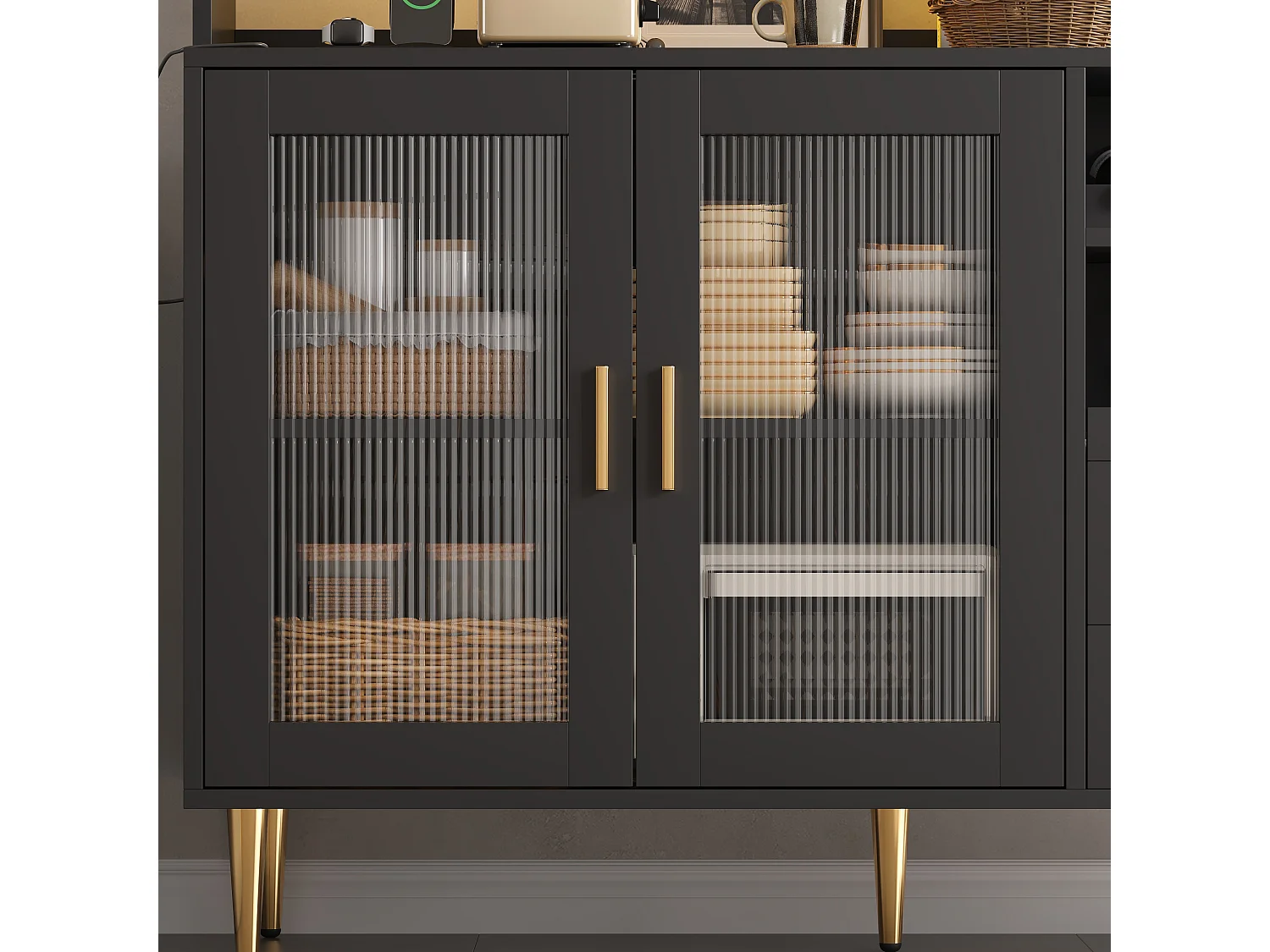 Buffet de cuisine 130x40x172cm - avec 4 portes - avec éclairage LED et prise de courant - casier à vin et tablette coulissante - Noir