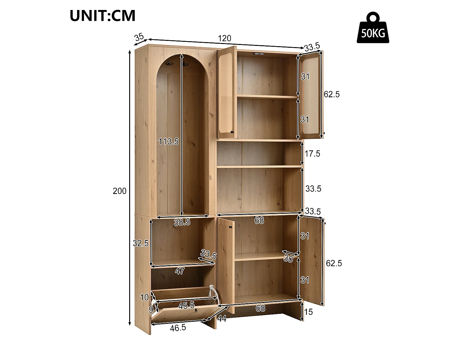 Entryway wardrobe set 120x35x200cm - with 5 doors - braided rattan finish - open storage compartment - Natural
