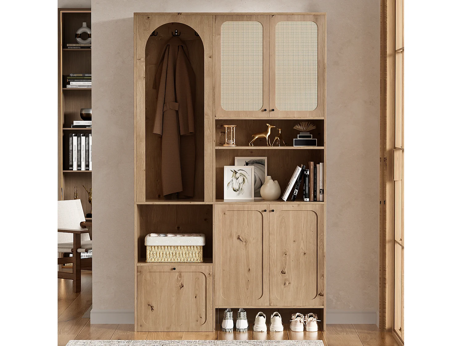 Entryway wardrobe set 120x35x200cm - with 5 doors - braided rattan finish - open storage compartment - Natural