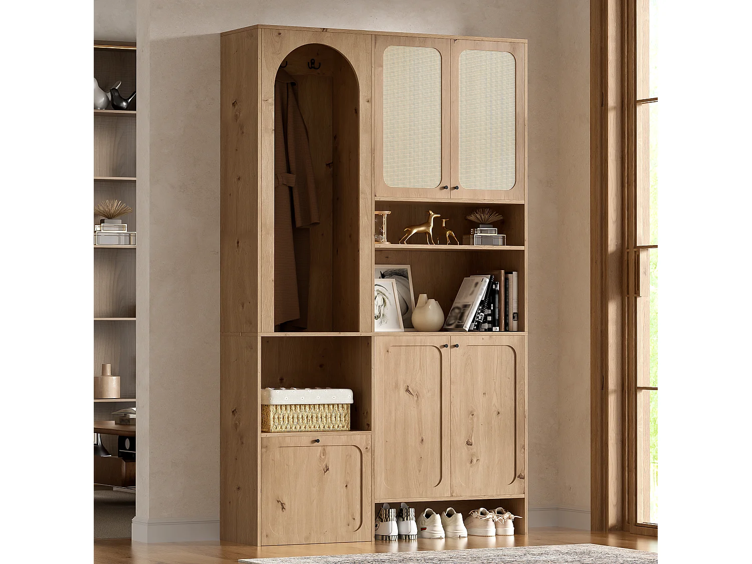 Entryway wardrobe set 120x35x200cm - with 5 doors - braided rattan finish - open storage compartment - Natural