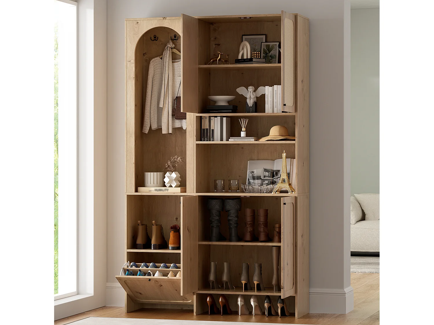 Entryway wardrobe set 120x35x200cm - with 5 doors - braided rattan finish - open storage compartment - Natural