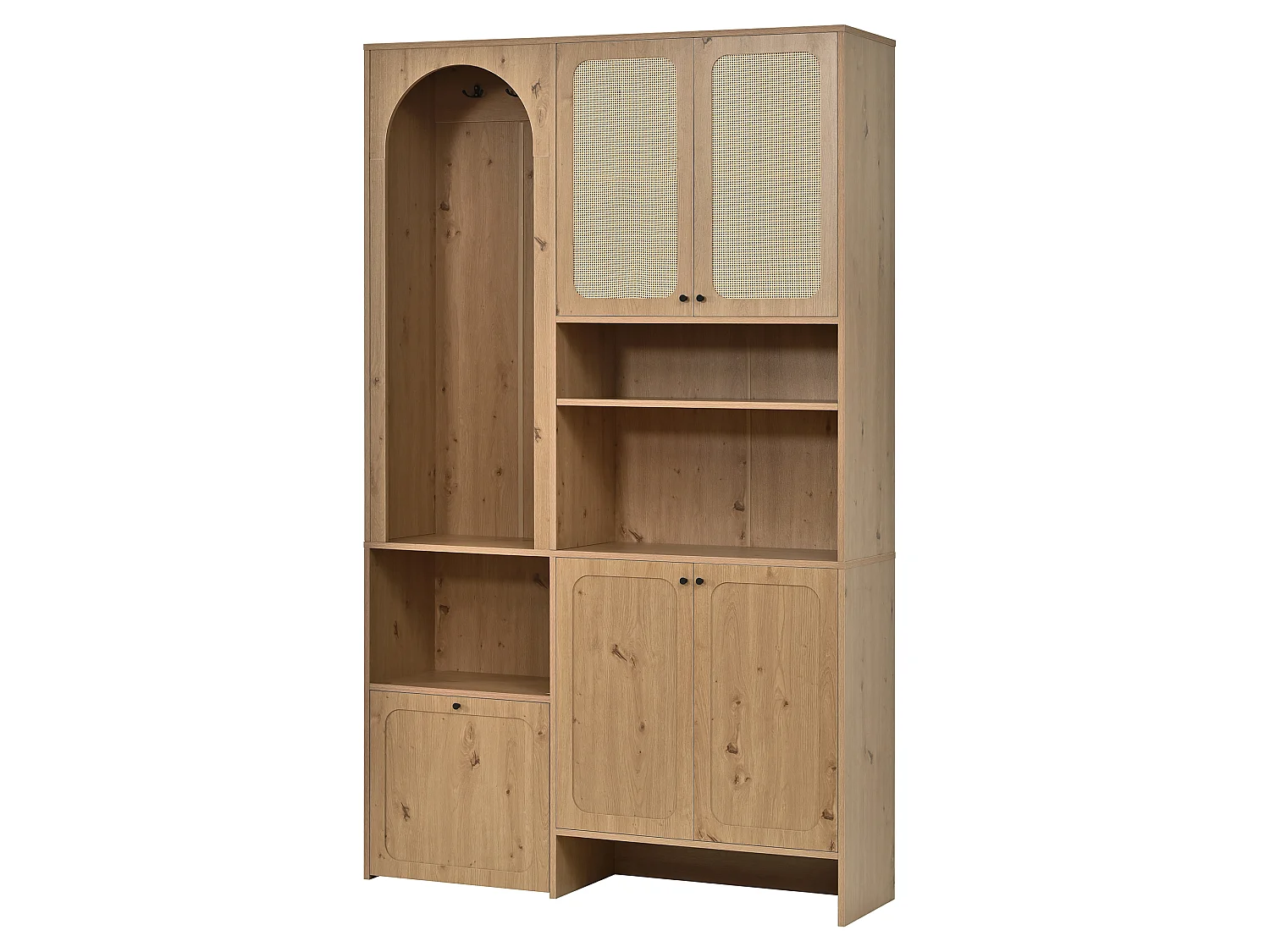 Entryway wardrobe set 120x35x200cm - with 5 doors - braided rattan finish - open storage compartment - Natural