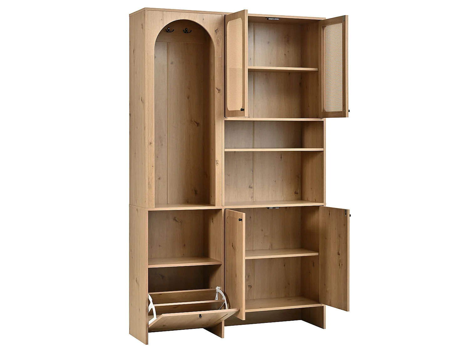 Entryway wardrobe set 120x35x200cm - with 5 doors - braided rattan finish - open storage compartment - Natural