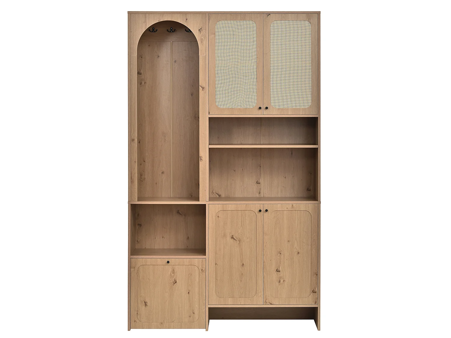 Entryway wardrobe set 120x35x200cm - with 5 doors - braided rattan finish - open storage compartment - Natural