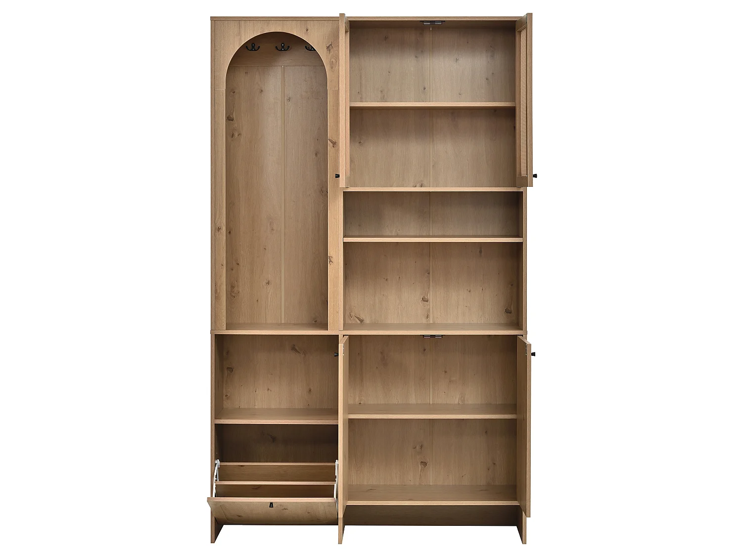 Entryway wardrobe set 120x35x200cm - with 5 doors - braided rattan finish - open storage compartment - Natural