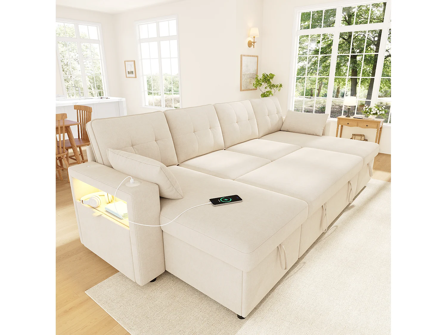 Canapé d'angle 4 places – Fonction convertible – Canapé en forme de U extensible – Ports USB et Type-C et éclairage LED intégrés – 2 coussins inclus – Beige