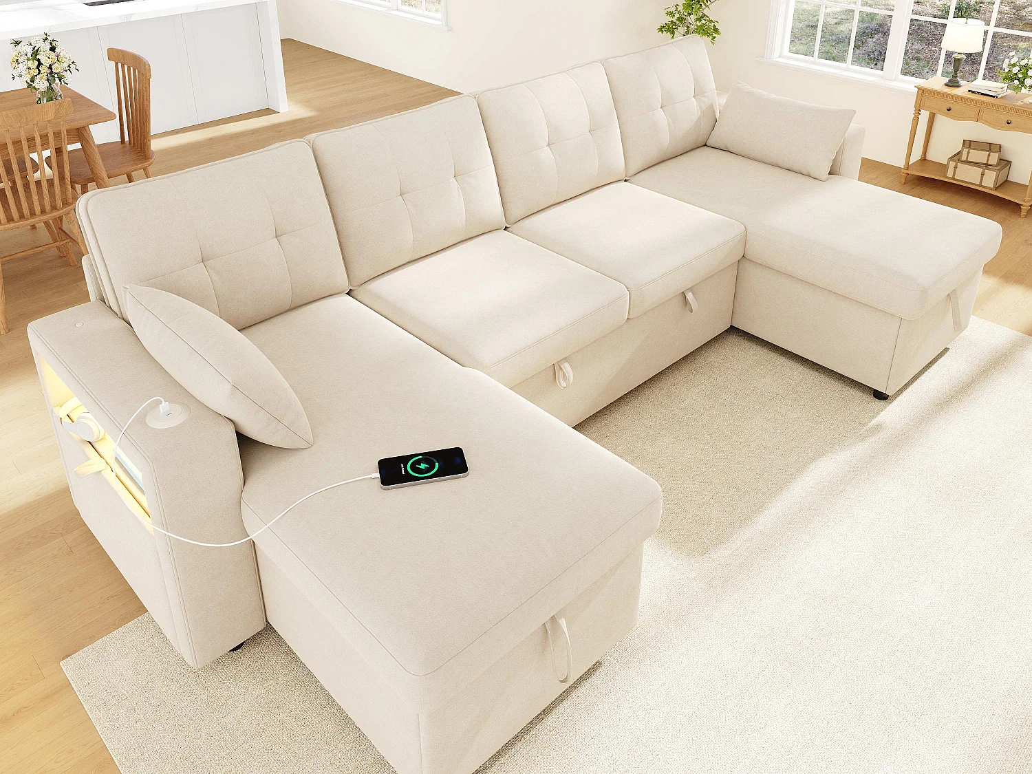 Canapé d'angle 4 places – Fonction convertible – Canapé en forme de U extensible – Ports USB et Type-C et éclairage LED intégrés – 2 coussins inclus – Beige