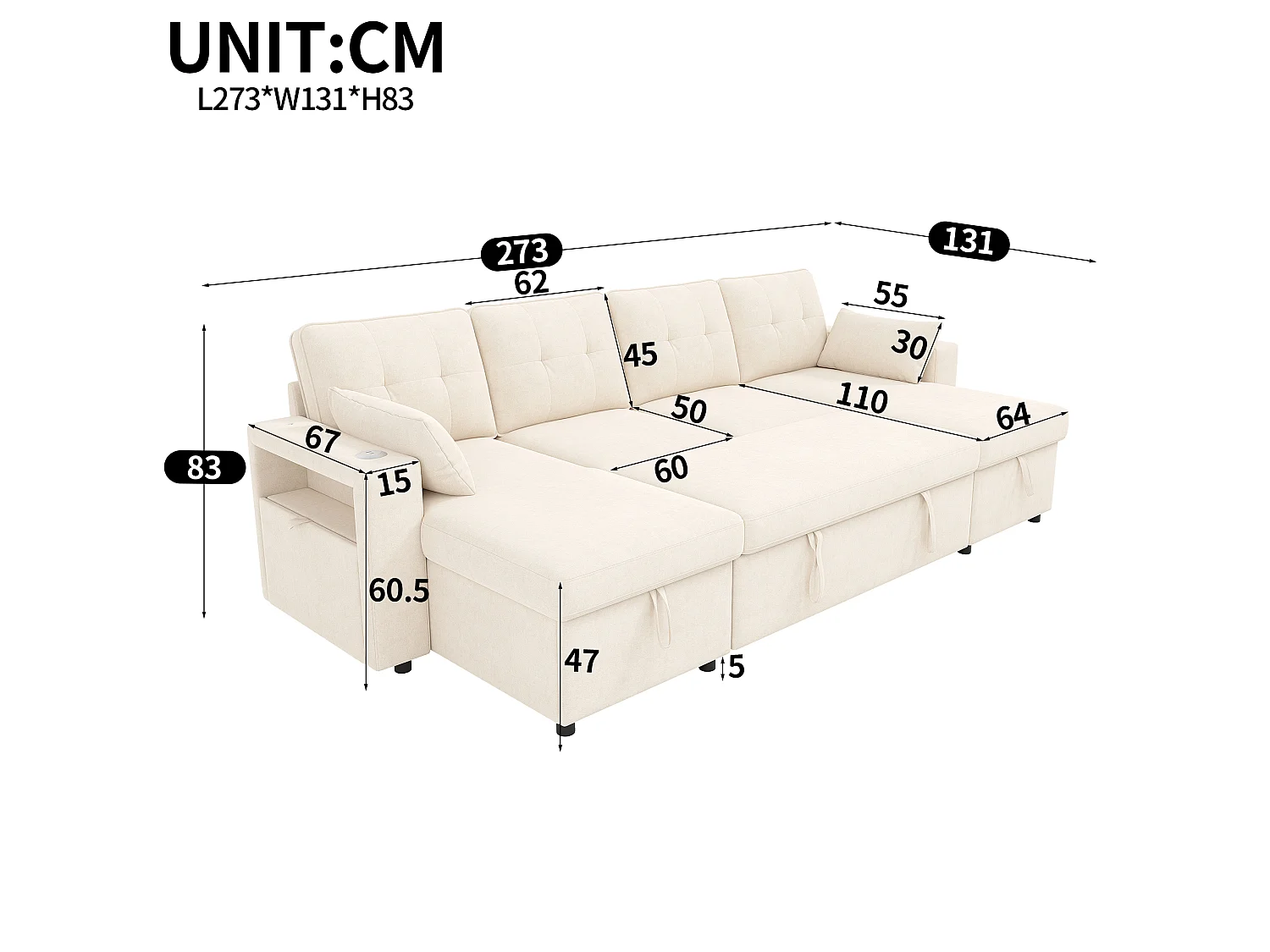 Canapé d'angle 4 places – Fonction convertible – Canapé en forme de U extensible – Ports USB et Type-C et éclairage LED intégrés – 2 coussins inclus – Beige