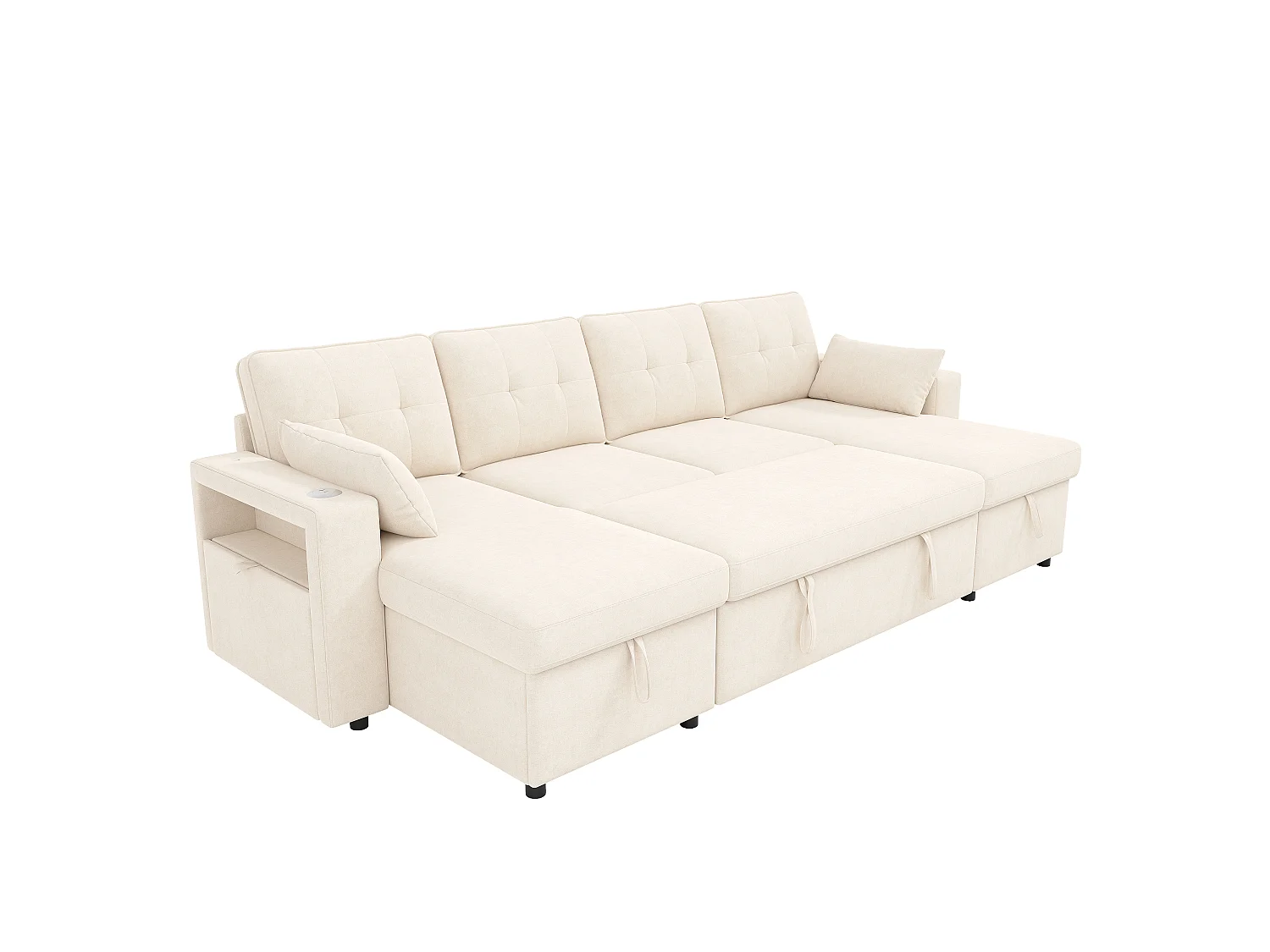 Canapé d'angle 4 places – Fonction convertible – Canapé en forme de U extensible – Ports USB et Type-C et éclairage LED intégrés – 2 coussins inclus – Beige