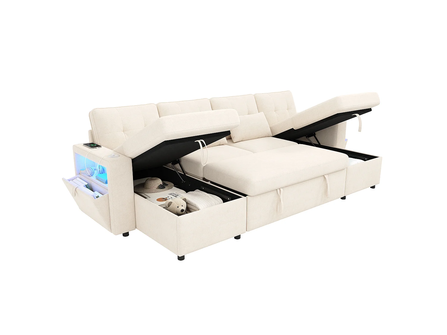 Canapé d'angle 4 places – Fonction convertible – Canapé en forme de U extensible – Ports USB et Type-C et éclairage LED intégrés – 2 coussins inclus – Beige