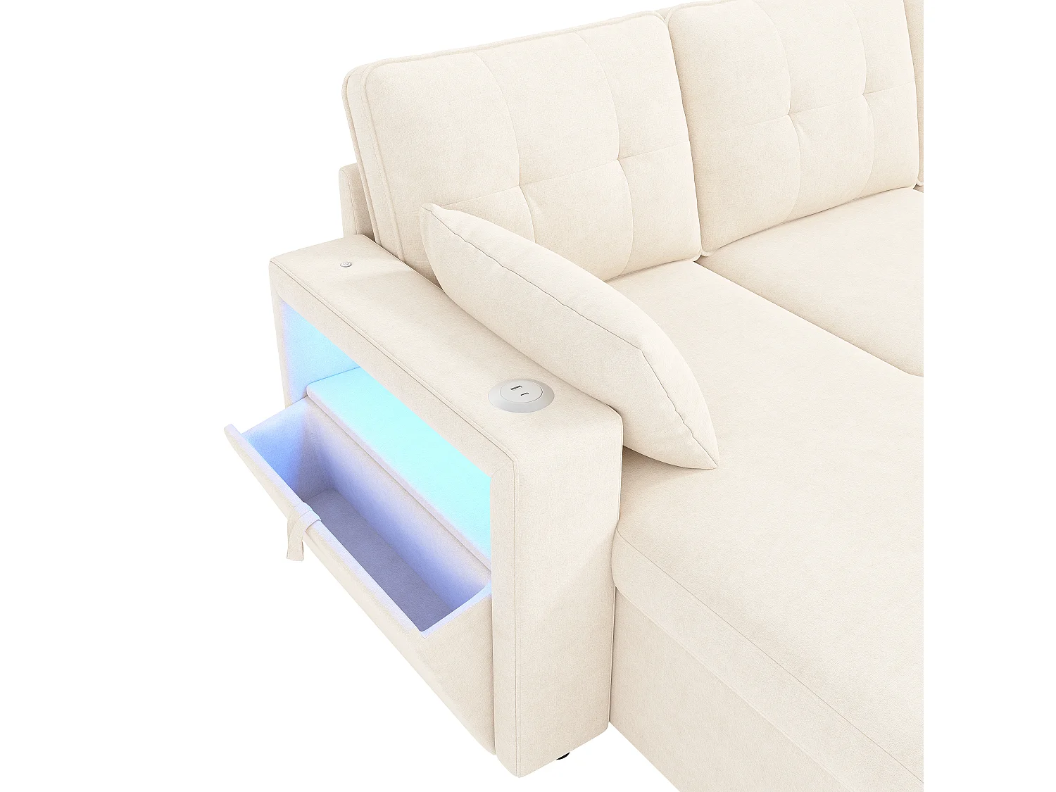 Canapé d'angle 4 places – Fonction convertible – Canapé en forme de U extensible – Ports USB et Type-C et éclairage LED intégrés – 2 coussins inclus – Beige