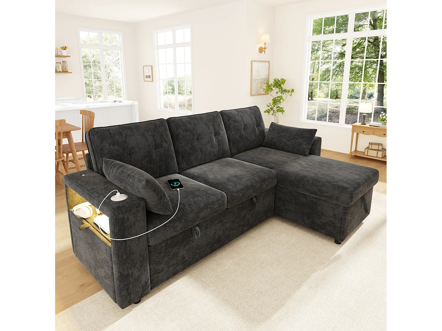 Canapé moderne en forme de L – avec ports USB et Type-C – avec éclairage LED – inclut 2 coussins – gris