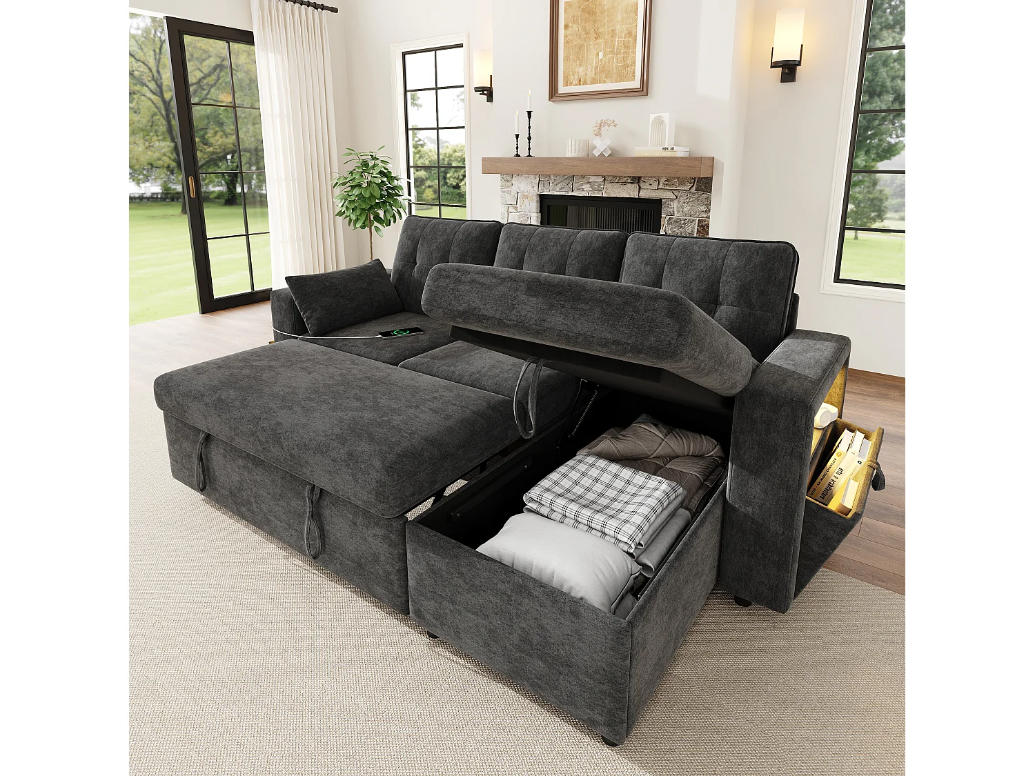 Canapé moderne en forme de L – avec ports USB et Type-C – avec éclairage LED – inclut 2 coussins – gris