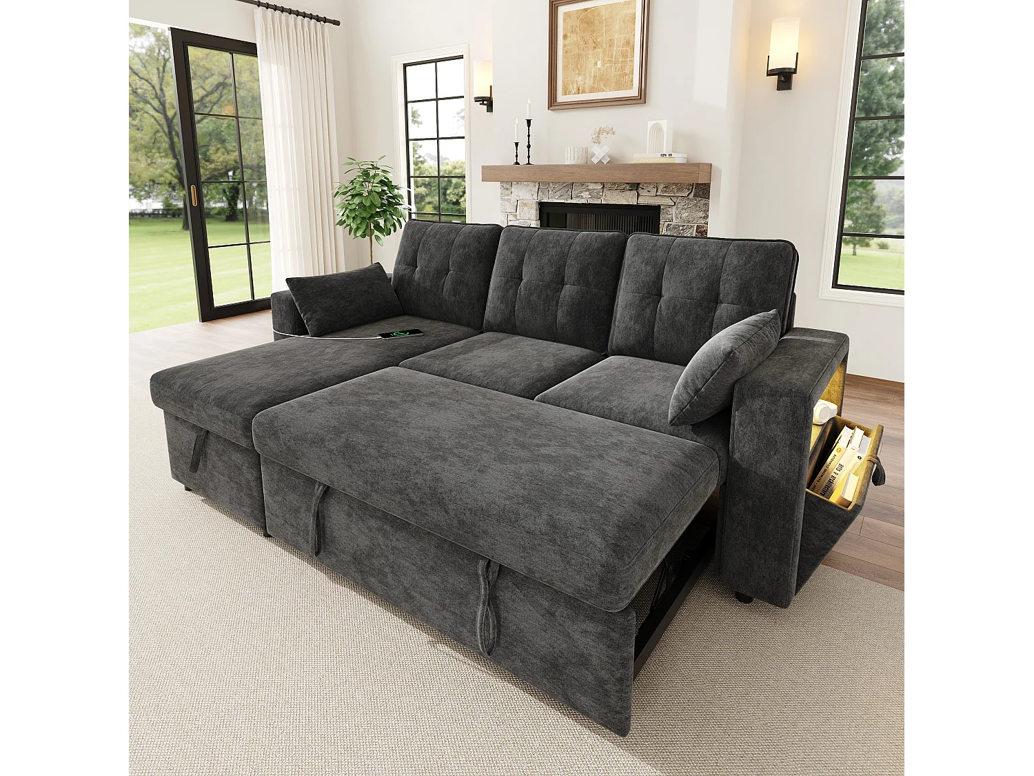 Canapé moderne en forme de L – avec ports USB et Type-C – avec éclairage LED – inclut 2 coussins – gris