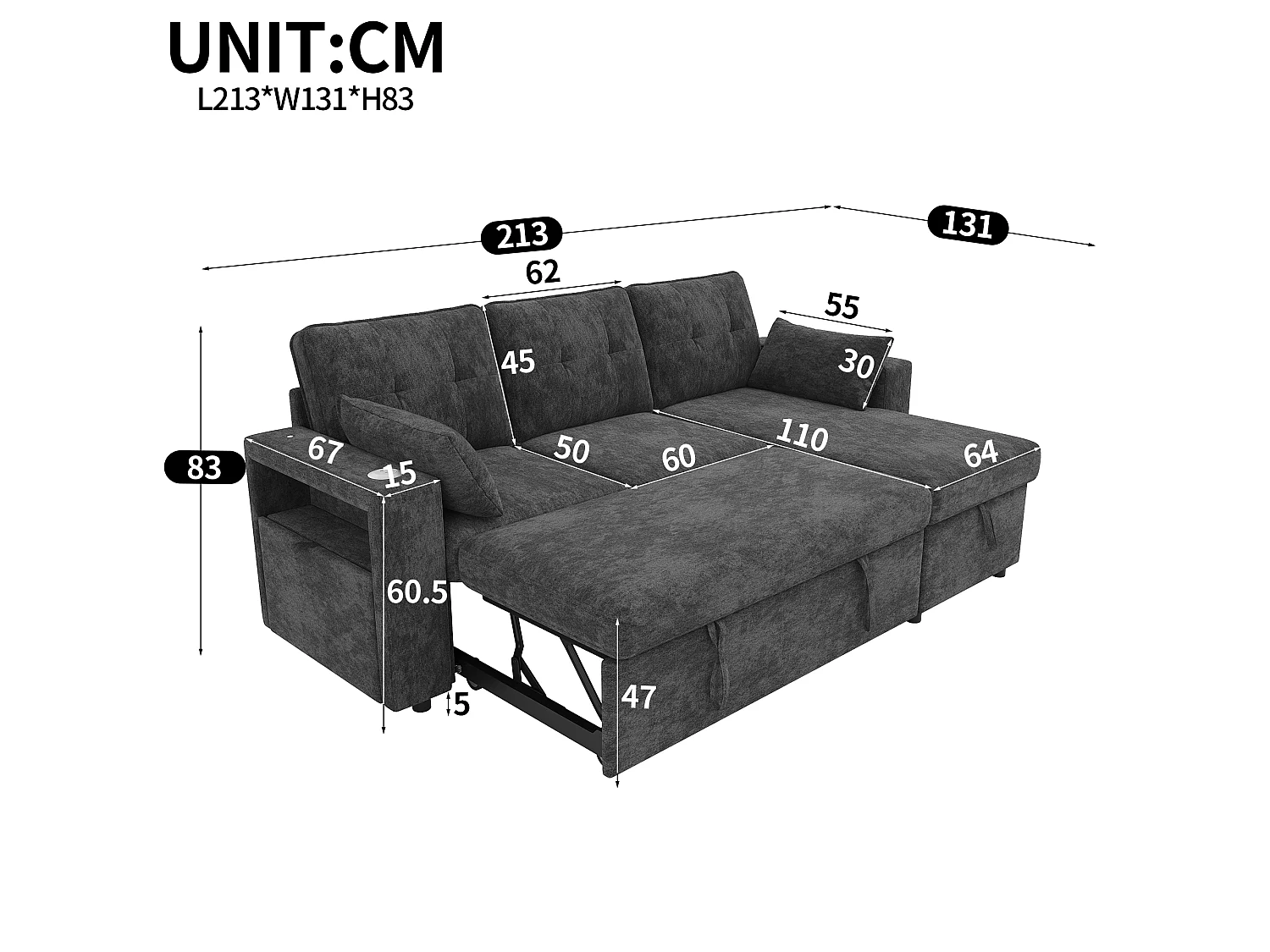 Canapé moderne en forme de L – avec ports USB et Type-C – avec éclairage LED – inclut 2 coussins – gris