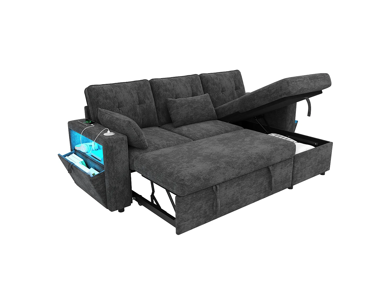 Canapé moderne en forme de L – avec ports USB et Type-C – avec éclairage LED – inclut 2 coussins – gris