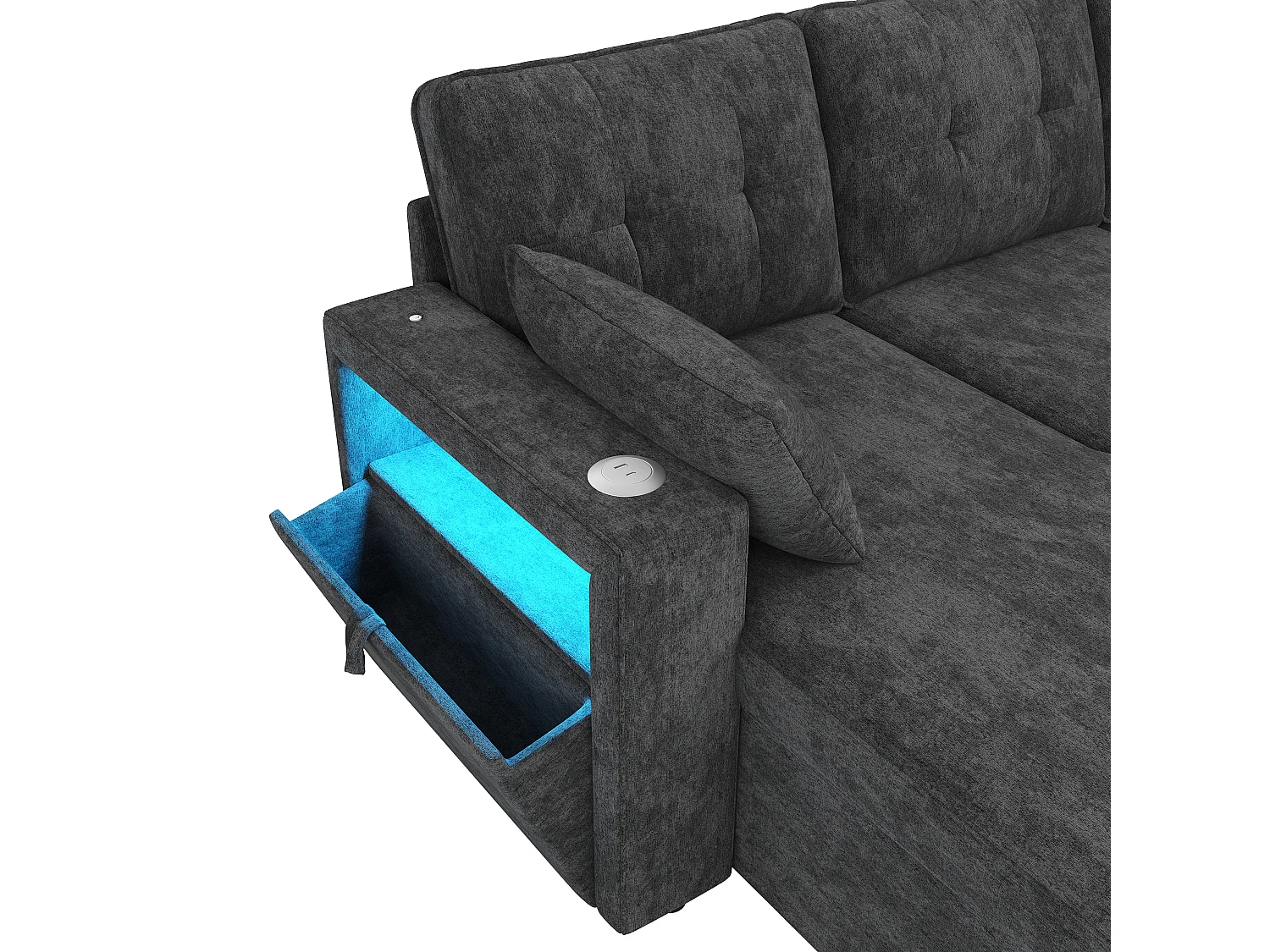 Canapé moderne en forme de L – avec ports USB et Type-C – avec éclairage LED – inclut 2 coussins – gris