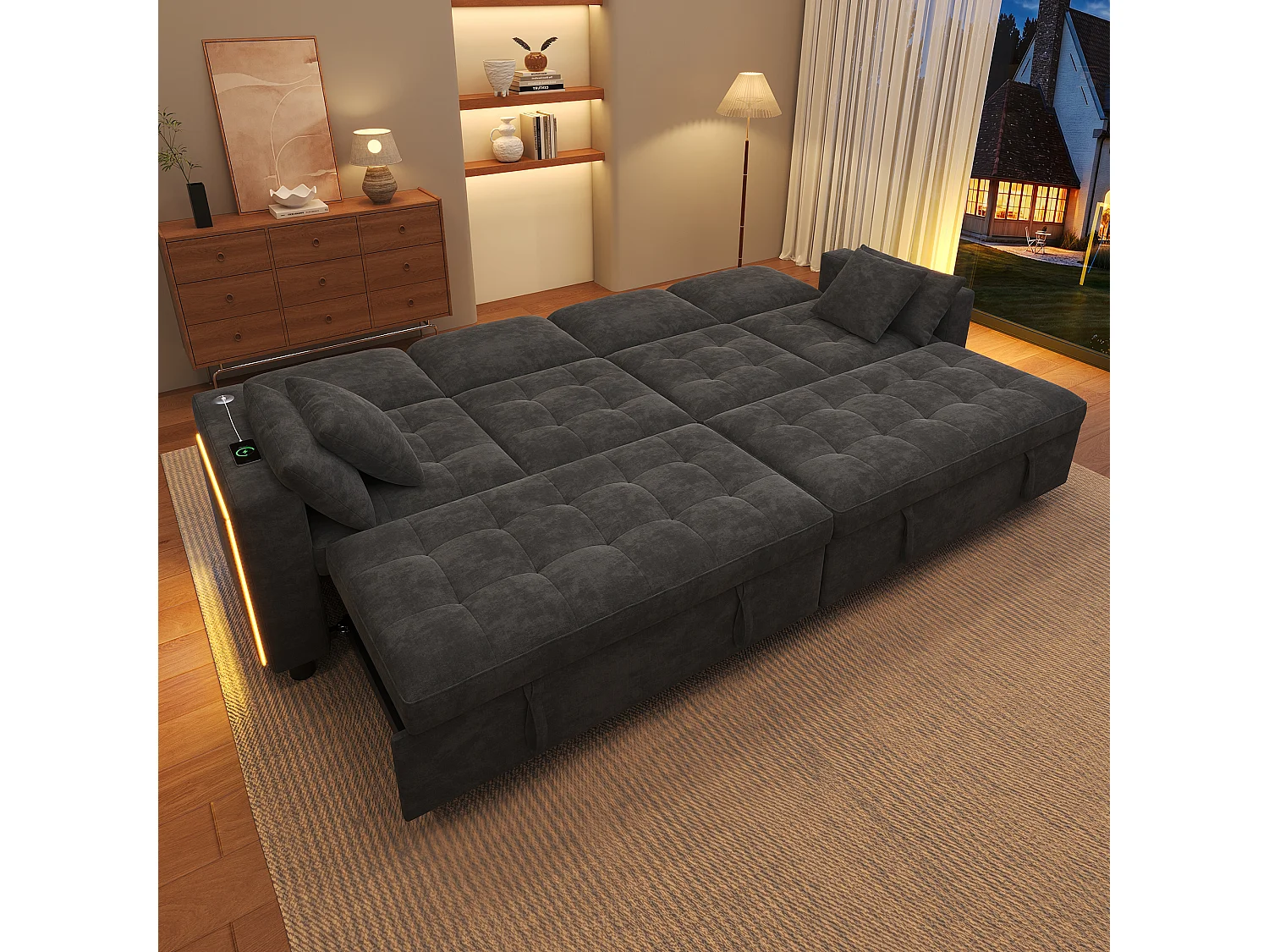 Canapé d'angle convertible en L – 4 places – Avec éclairage LED + ports USB/Type-C – Inclut 2 coussins de dossier + 2 coussins lombaires – Gris