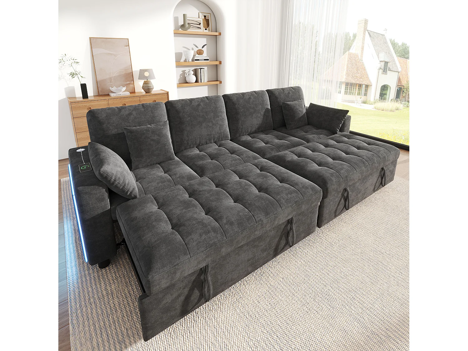 Canapé d'angle convertible en L – 4 places – Avec éclairage LED + ports USB/Type-C – Inclut 2 coussins de dossier + 2 coussins lombaires – Gris
